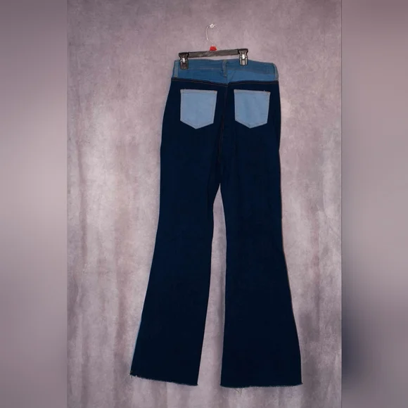 Fashion Nova Blue Denim Patchwork Flare Jeans ~ Size 11 - Picture 2 of 5